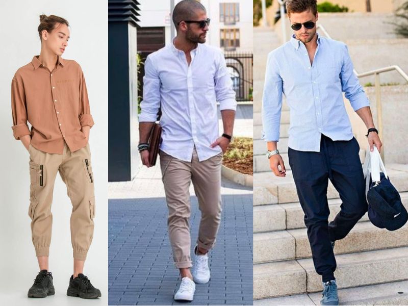 Sự phối hợp hoàn hảo giữa items đối nghịch giữa quần jogger năng động cùng áo sơ mi lịch sự, lịch lãm