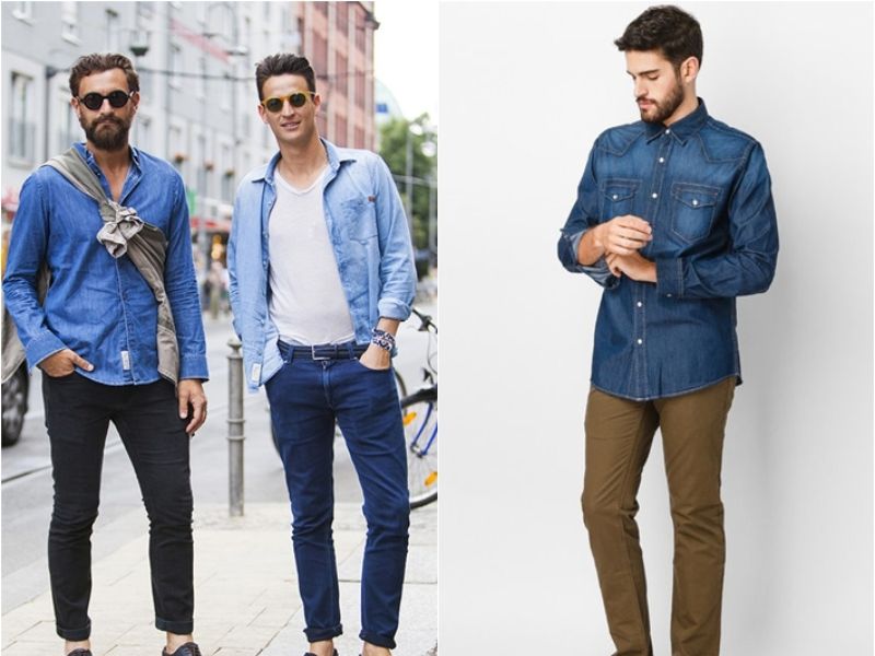 Việc phối áo sơ mi denim với áo thun bên trong sẽ tăng sự cá tính cho các chàng trai. 