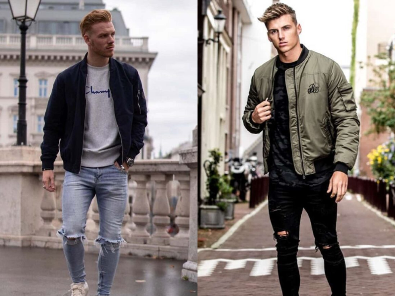 Áo khoác bomber phối cùng quần skinny tạo nên phong cách cá tính cho mặc gì đi đám cưới mùa thu đông