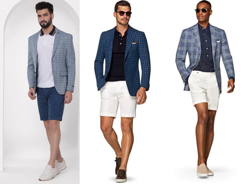 Quần short phối với áo blazer caro nam