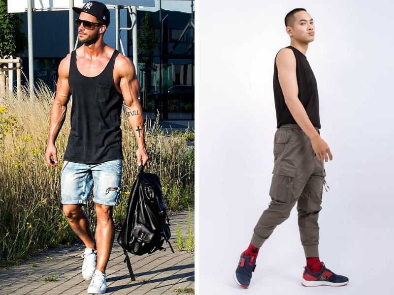 Phối áo tank top cùng quần jean và giày sneaker