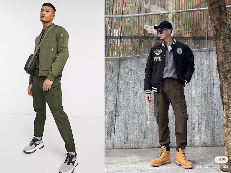 Chiếc quần túi hộp cá tính mang đậm chất Streetwear đi cùng chiếc áo khoác da lộn vô cùng hợp