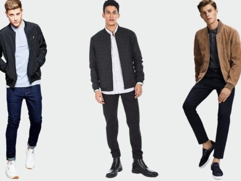 Phối áo khoác kaki bomber màu sáng với quần jeans màu trung tính