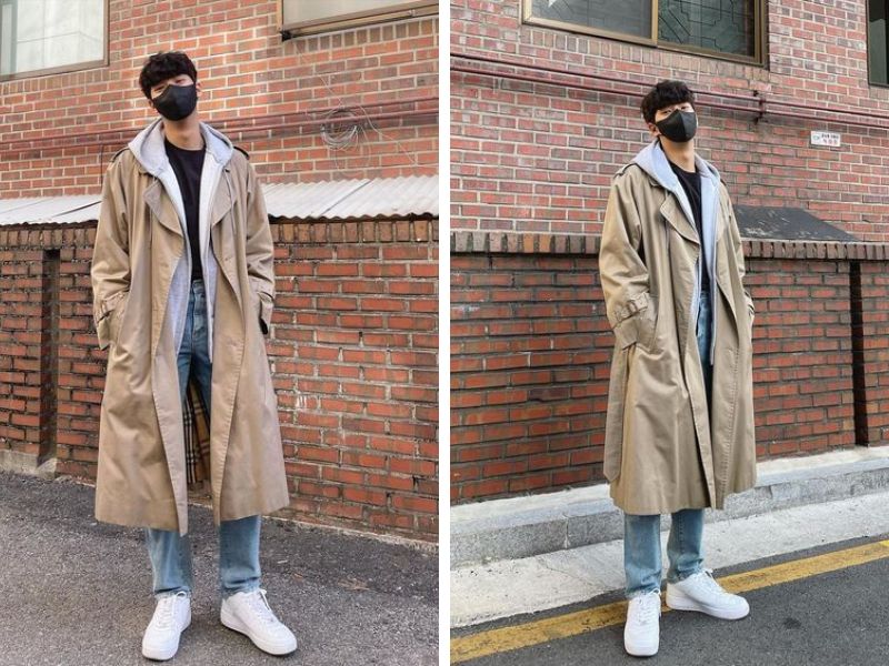 ​​​​​​​​​​​​​​Phối đồ với trench coat nam với áo thun, quần jeans và giày sneakers