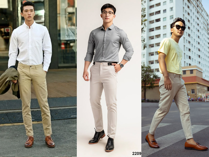 Giày da với quần kaki là outfit cổ điển, mang một chút bụi bặm, cá tính