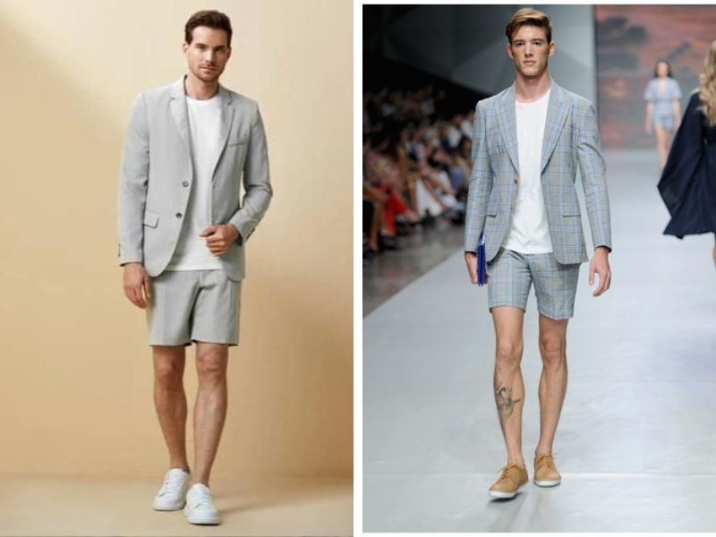  Diện quần short, áo phông với blazer nam màu xám trong những ngày hè 