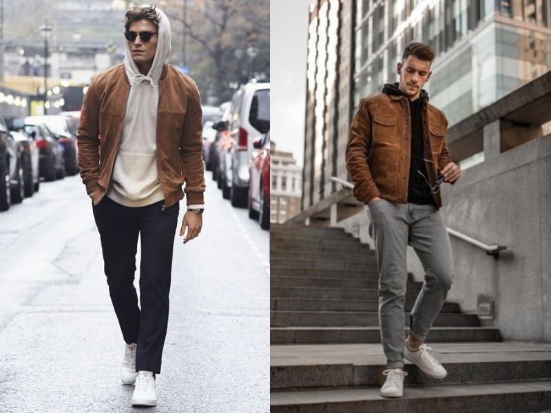 Áo hoodie phối cùng áo khoác da lộn giúp tăng sự cá tính cho tổng thể outfit