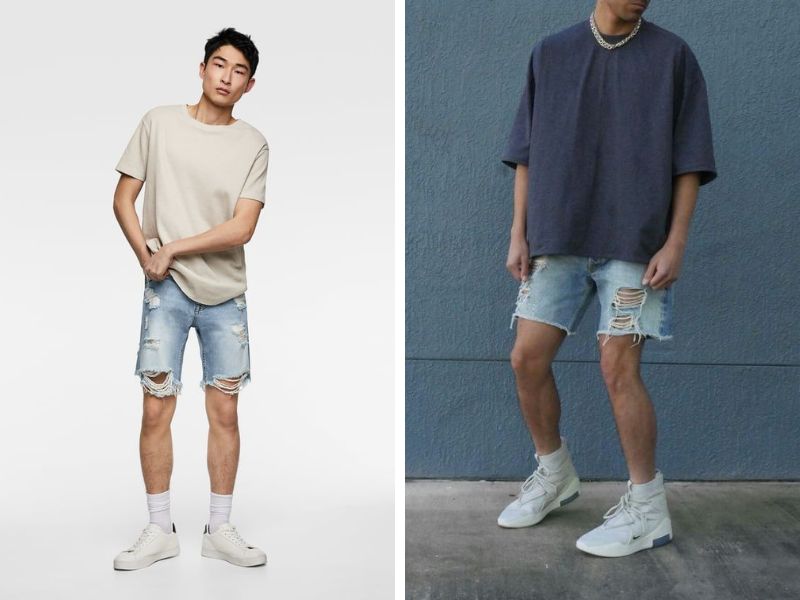 Phối quần short jean nam rách với áo thun cộc tay