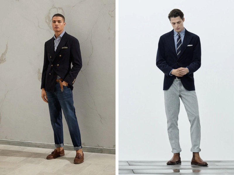 Tạo lớp layer lịch lãm với áo khoác blazer và áo sơ mi màu xanh navy