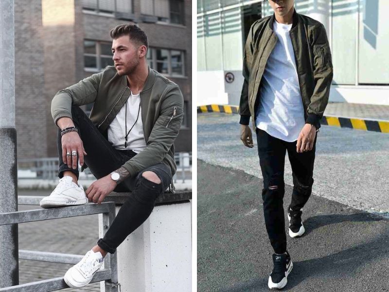 Phối áo khoác bomber cùng áo thun trắng, quần jean và giày Nike