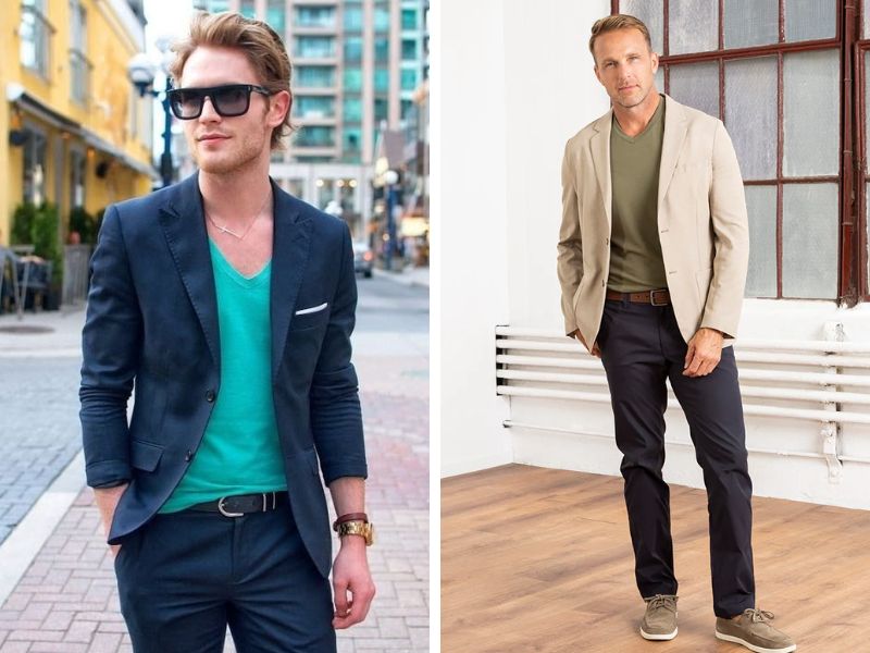 Kết hợp áo thun cổ tim với áo blazer hoặc vest