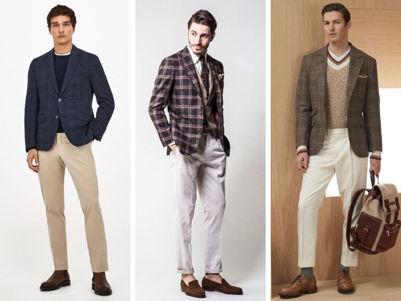 Phối áo blazer caro với quần kaki 