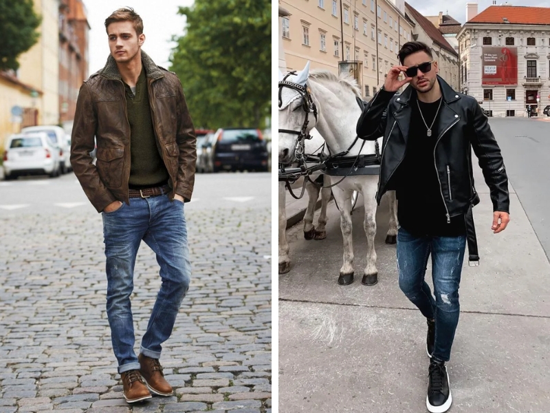 Phối đồ với áo jacket nam leather cùng quần jeans