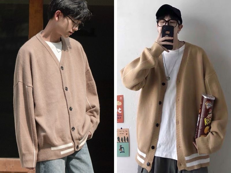 Cardigan nam màu be phối áo thun trắng form rộng