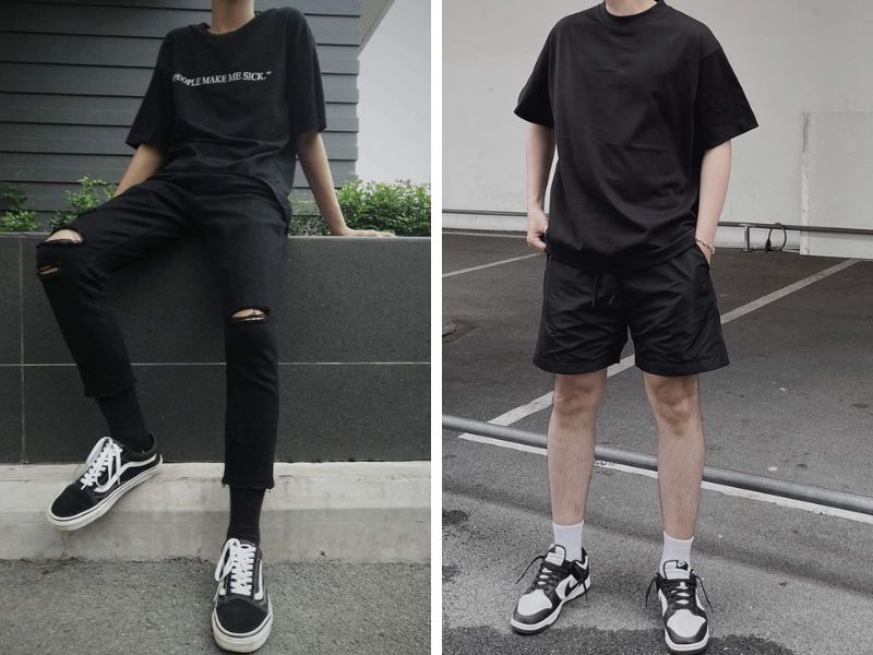 Outfit “all black” với áo thun đen và quần kaki đen