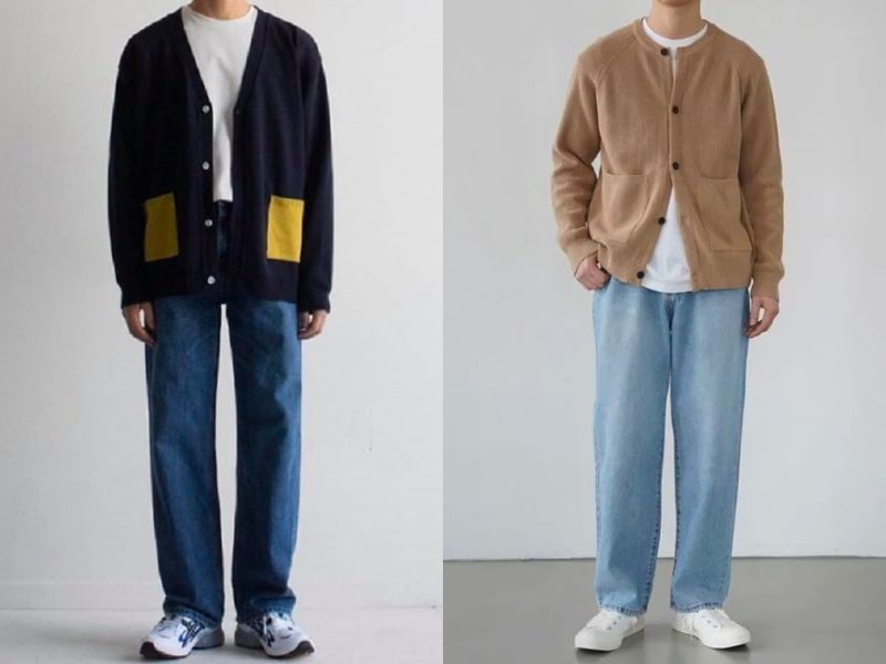 Cách mix đồ với quần jean ống rộng nam và áo cardigan 