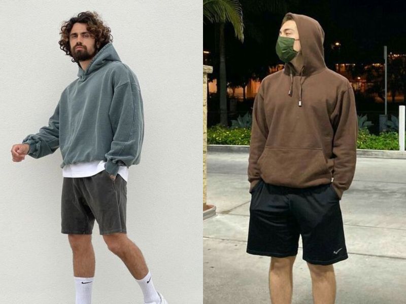 Phối áo hoodie nam form rộng cùng quần short năng động