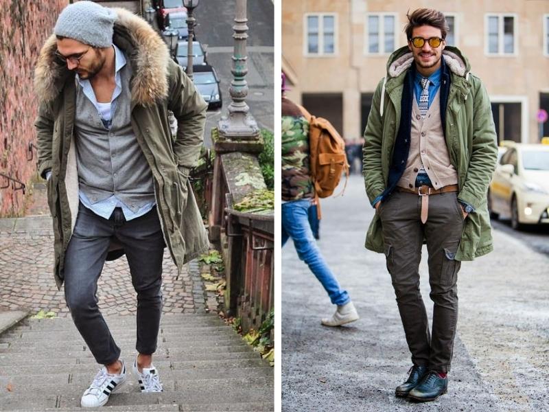 Kết hợp với áo vest/áo gile cùng áo Parka