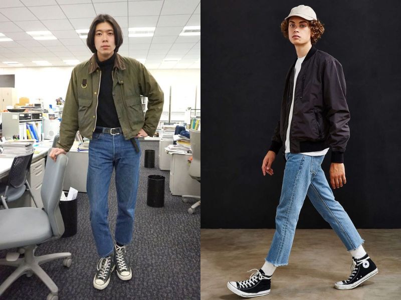 Phối converse cao cổ nam với áo bomber và quần denim