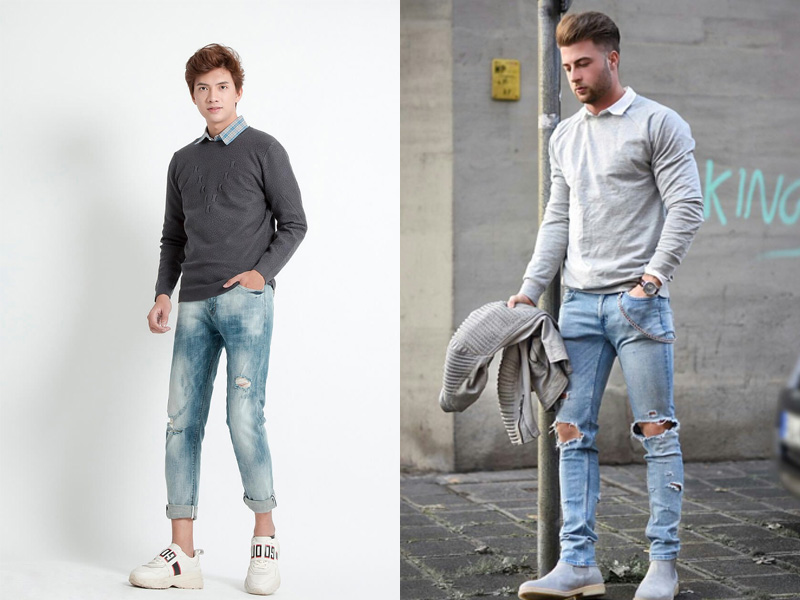 Áo sweater kết hợp với quần jeans sẽ giúp cho các chàng trai trở nên mạnh mẽ nhưng không kém phần trẻ trung