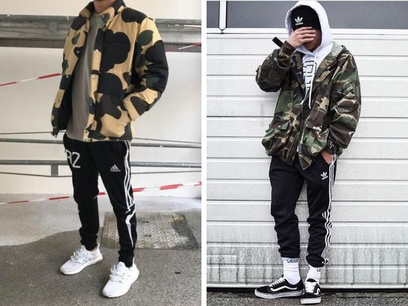 Quần jogger sọc trắng phối với áo khoác họa tiết camo