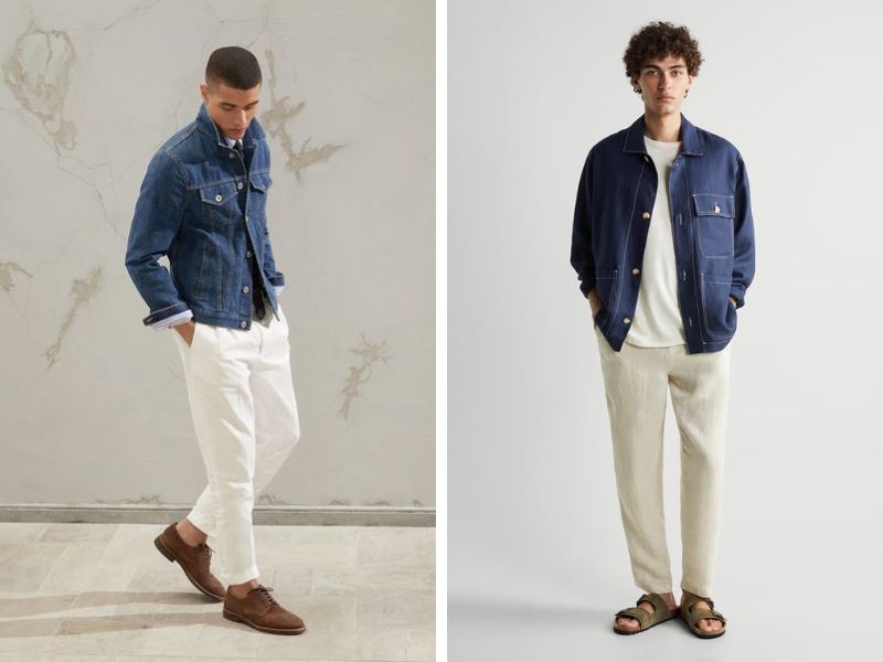 Quần ống rộng chất đũi mix cùng áo khoác denim cổ điển