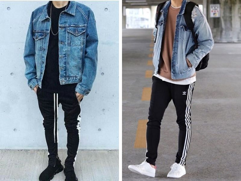 Quần jogger sọc trắng phối cùng áo khoác denim
