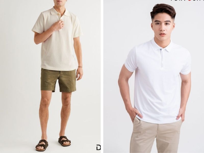 Áo Polo trắng nam phối với short kaki