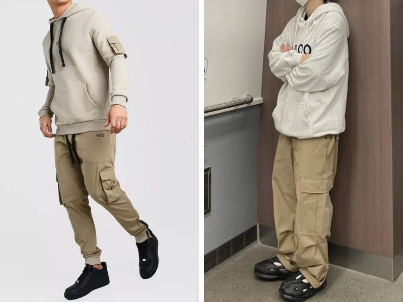 Quần baggy kaki nam màu be phối áo hoodie