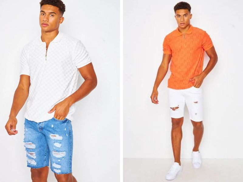 Phối quần short jean nam rách với áo polo