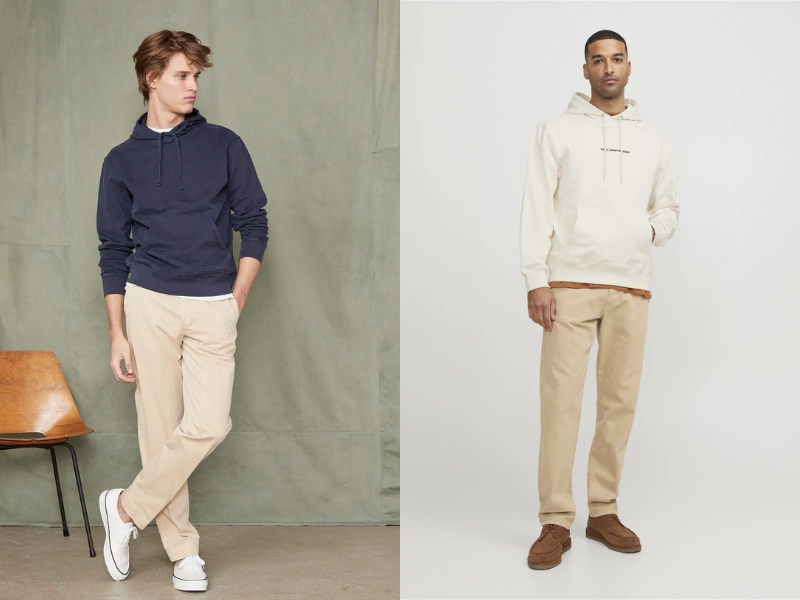 Quần chinos màu beige nam phối với áo hoodie