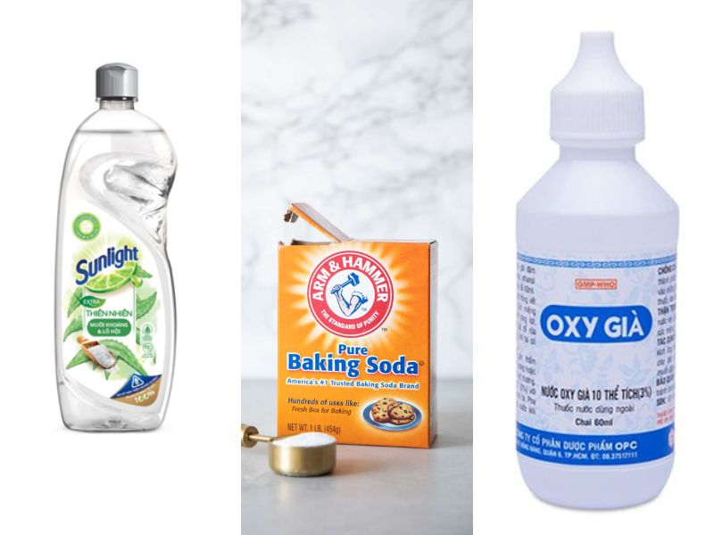 tẩy chữ in bằng hỗn hợp từ nước rửa bát, bột baking soda và oxy già