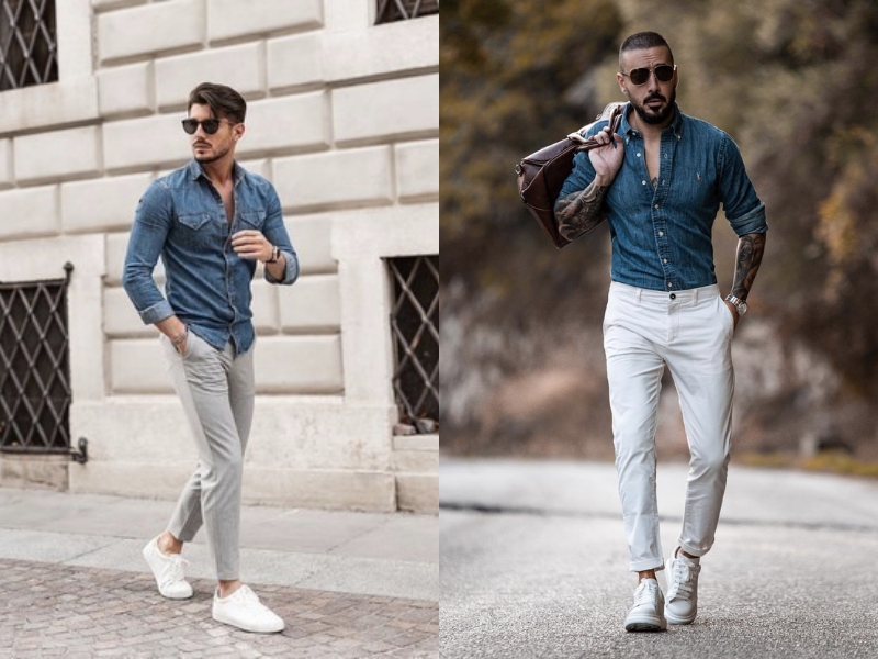 Sơ mi denim kết hợp quần chinos