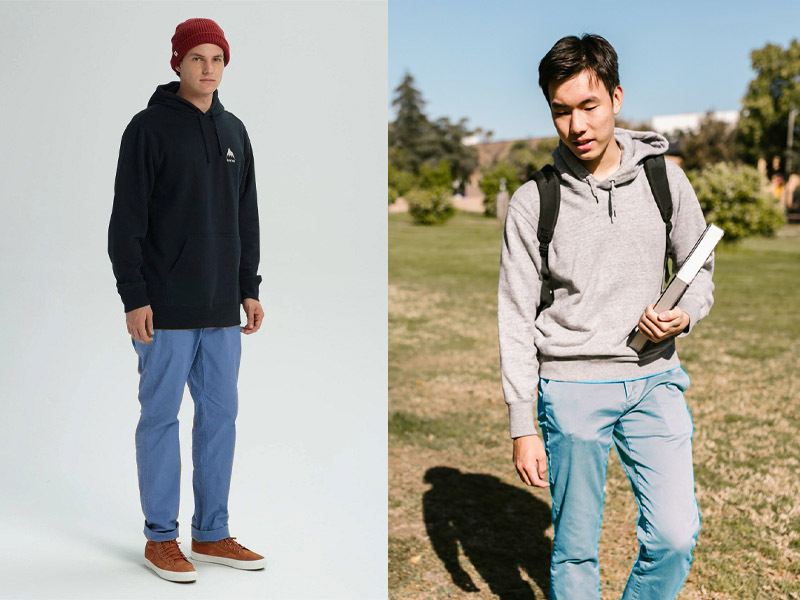 Quần kaki kết hợp với áo hoodie kèm với giày sneaker chắc chắn sẽ là outfit năng động và trẻ trung, khỏe khoắn cho các chàng trai