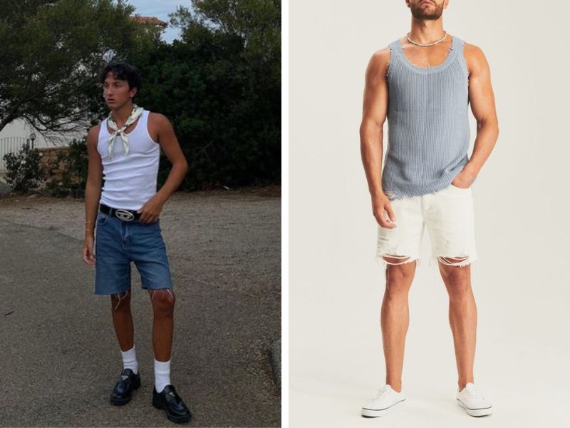 Phối quần short jean nam rách với áo tank top