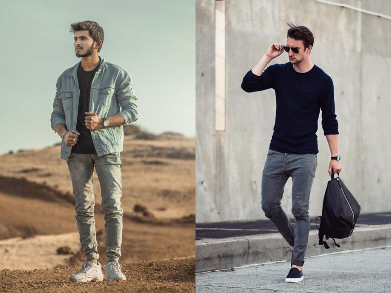 Các chàng trai thích phong cách mạnh mẽ và cool ngầu thì hãy thử qua cách phối quần jeans xám với áo đen