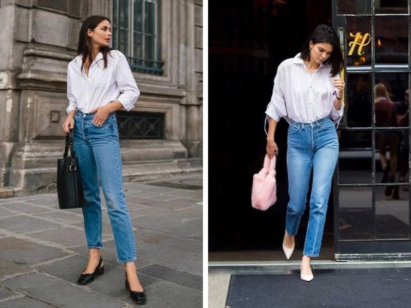  Phối áo sơ mi trắng và quần jean phong cách parisian chic 