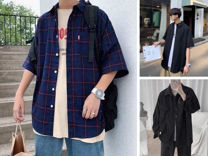 Áo thun phối sơ mi oversize khoác ngoài