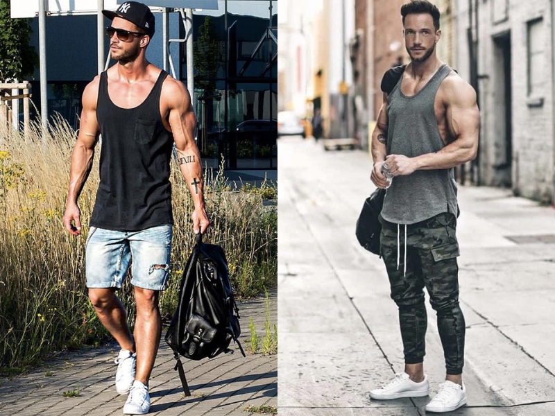 Phối áo tank top với giày trắng nam