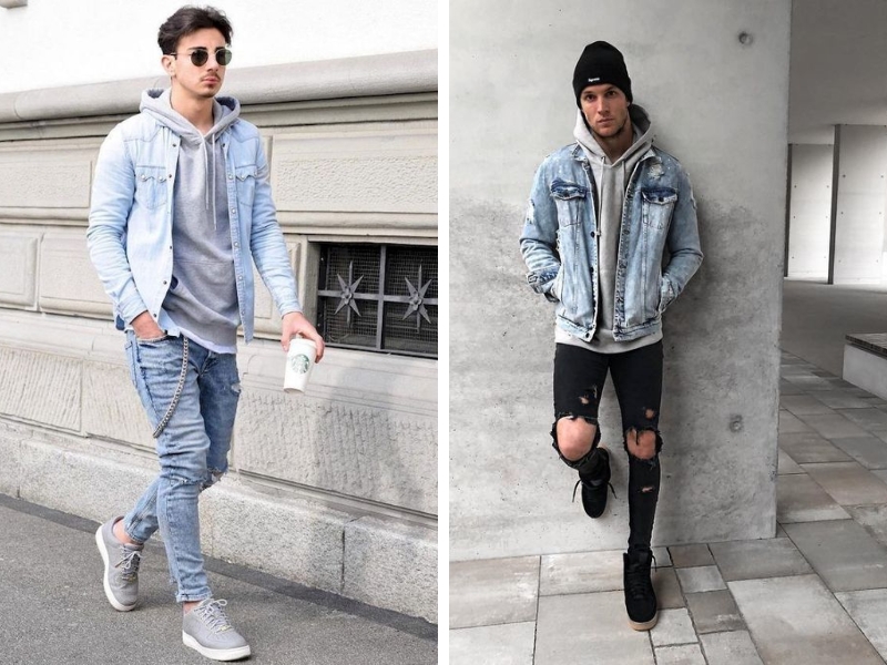 Mix áo khoác denim nam cùng áo hoodie