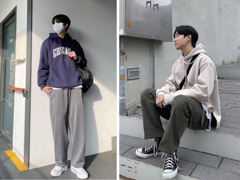 Kết hợp áo Hoodie cùng quần ống rộng và giày thể thao