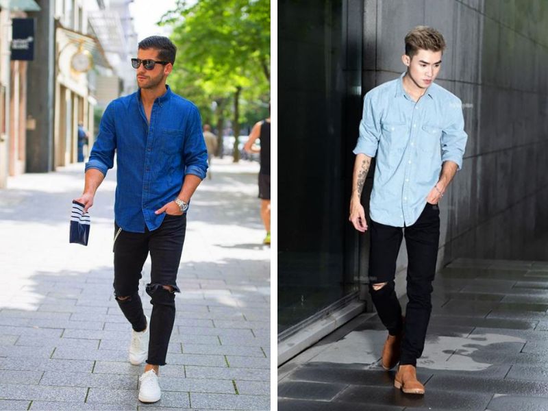 Style bụi bặm với sơ mi phối quần jeans rách gối