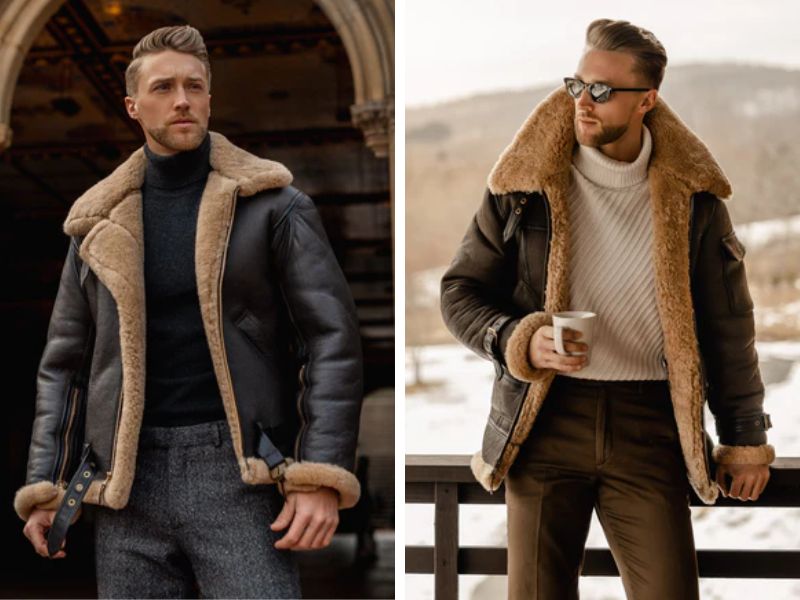 Shearling jacket phối áo cổ lọ và quần tây nam