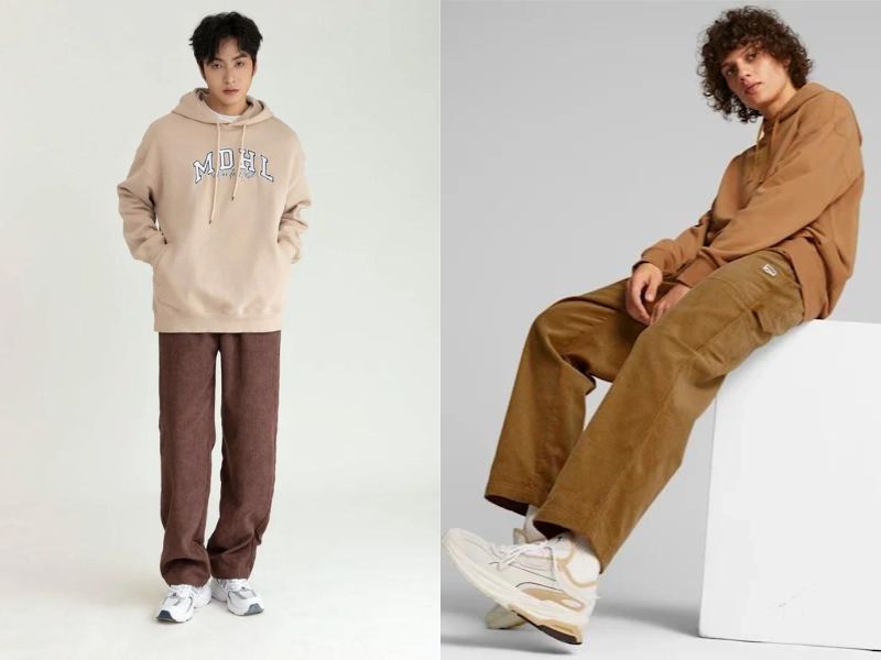 Phối áo hoodie nam với quần nhung tăm đậm chất vintage