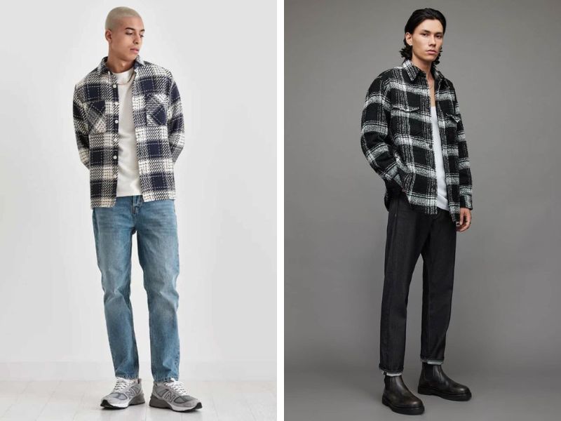 Phối đồ đi uống cà phê cho nam cùng với áo thun, áo sơ mi flannel và quần jeans đen