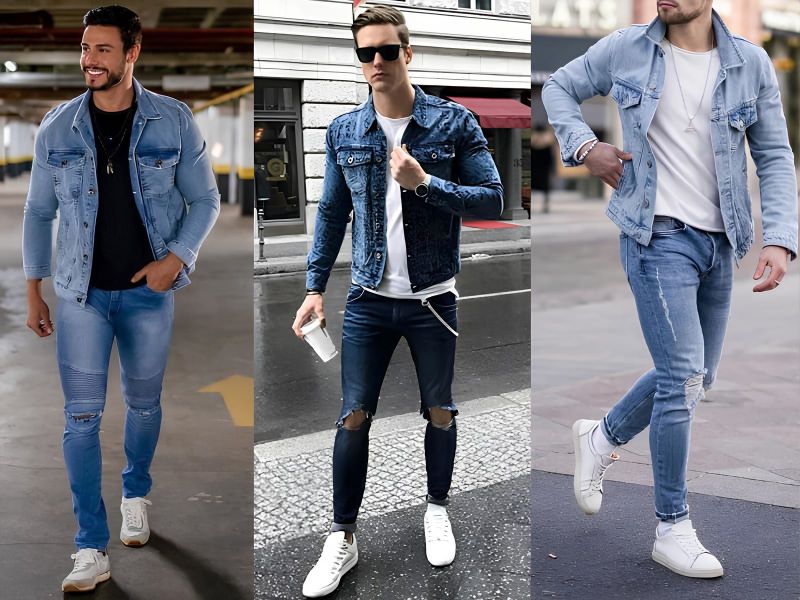 Mix áo khoác nam denim cùng quần jean rách gối nam