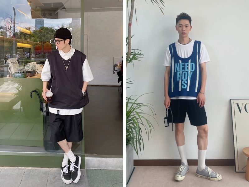 Mix quần vải và áo phông, áo gile len cho bộ outfit độc đáo