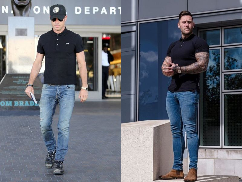 Sự kết hợp giữa áo polo đen và quần jeans xanh là một sự kết hợp đơn giản nhưng không kém phần trẻ trung 