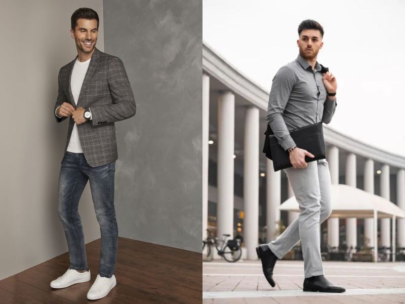 Bạn có thể phối quần jeans xám nam với áo có màu xám để tạo nên những outfit ton sur tone tinh tế.