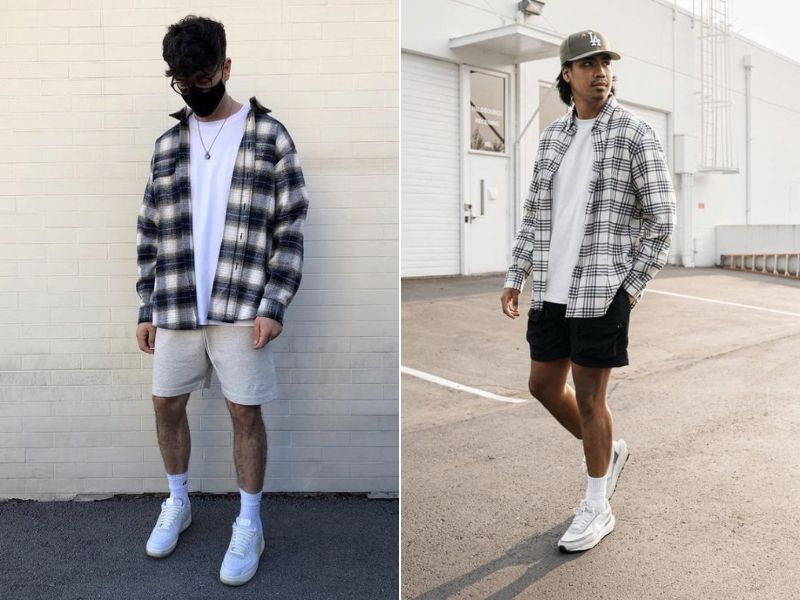 Phối đồ với áo flannel nam cùng áo thun và quần short